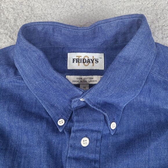 TGI Friday's Shirt Mens XL‎ 16 - 32/33 Blue Chambray Button Down Long Sleeve - Picture 4 of 14